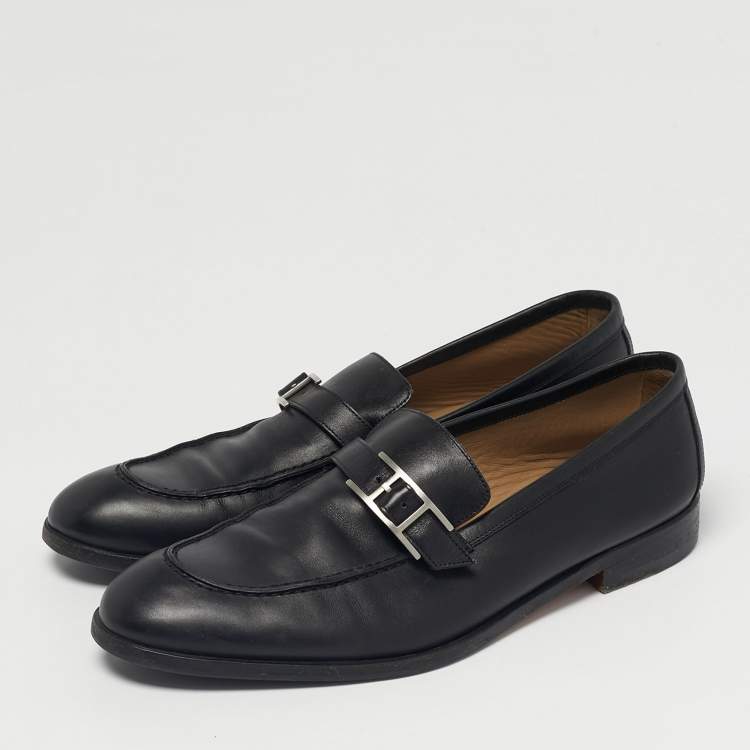 Pre Owned Hermes Black Leather Monterey Loafers Size 41.5