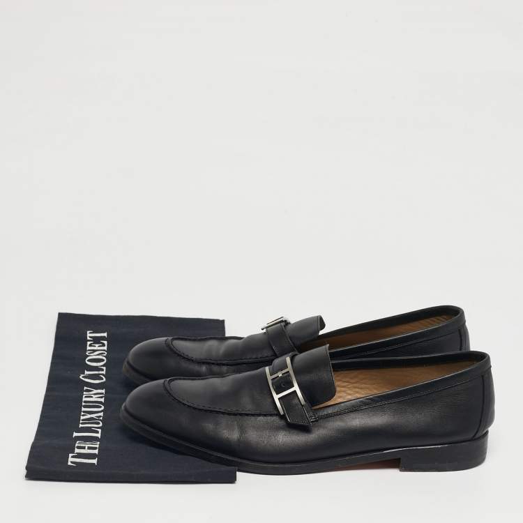 Pre Owned Hermes Black Leather Monterey Loafers Size 41.5