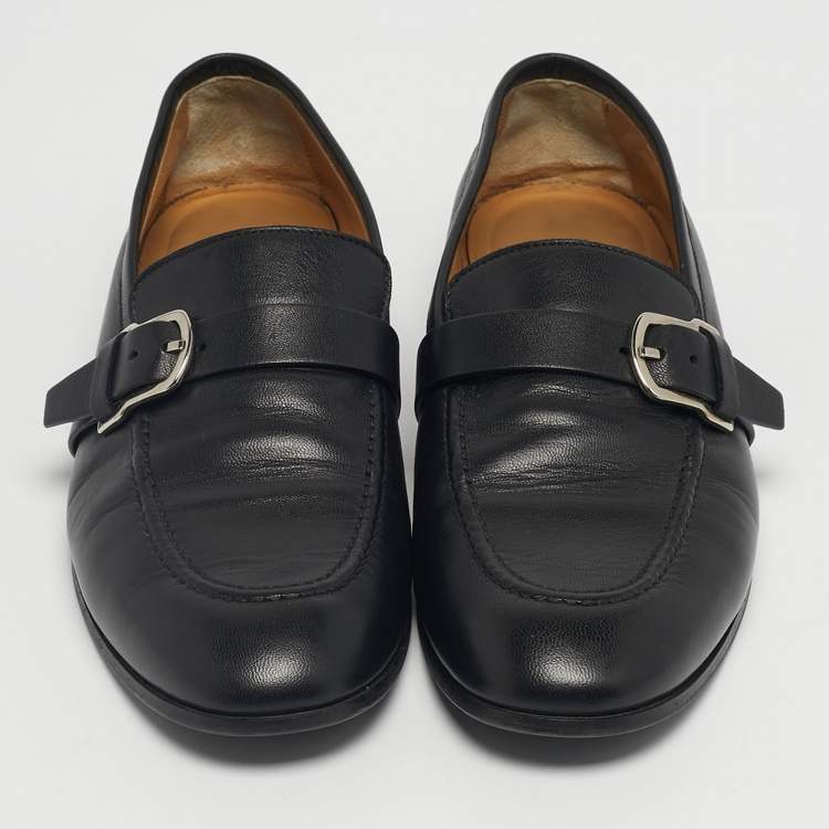 Pre Owned Hermes Black Leather Buckle Loafers Size 42