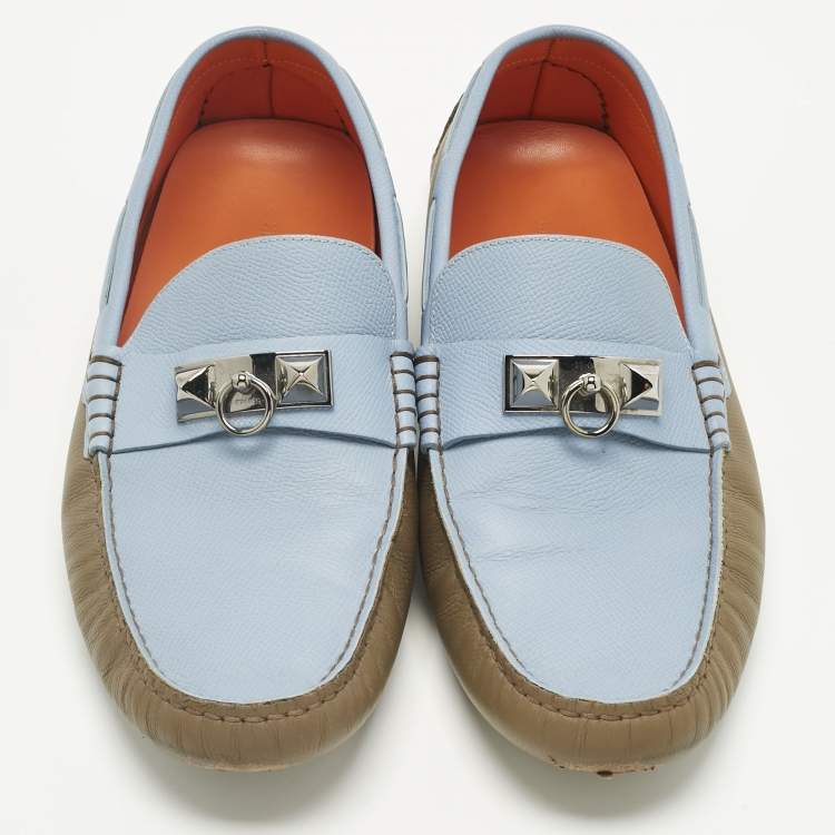 Pre Owned Hermes Brown/Blue Leather Irving Loafers Size 43.5
