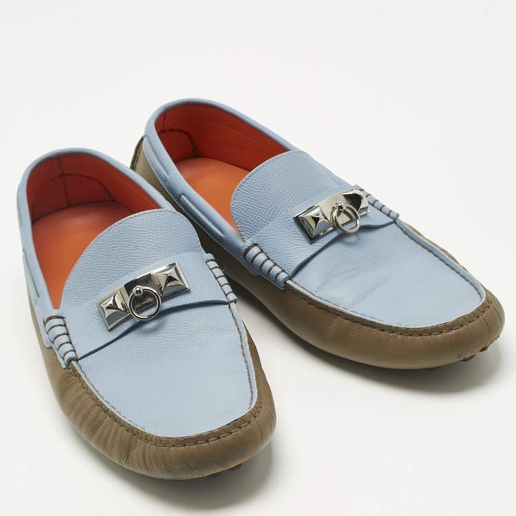 Pre Owned Hermes Brown/Blue Leather Irving Loafers Size 43.5