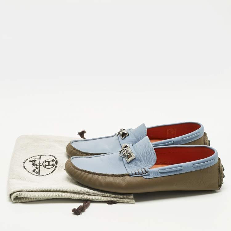 Pre Owned Hermes Brown/Blue Leather Irving Loafers Size 43.5