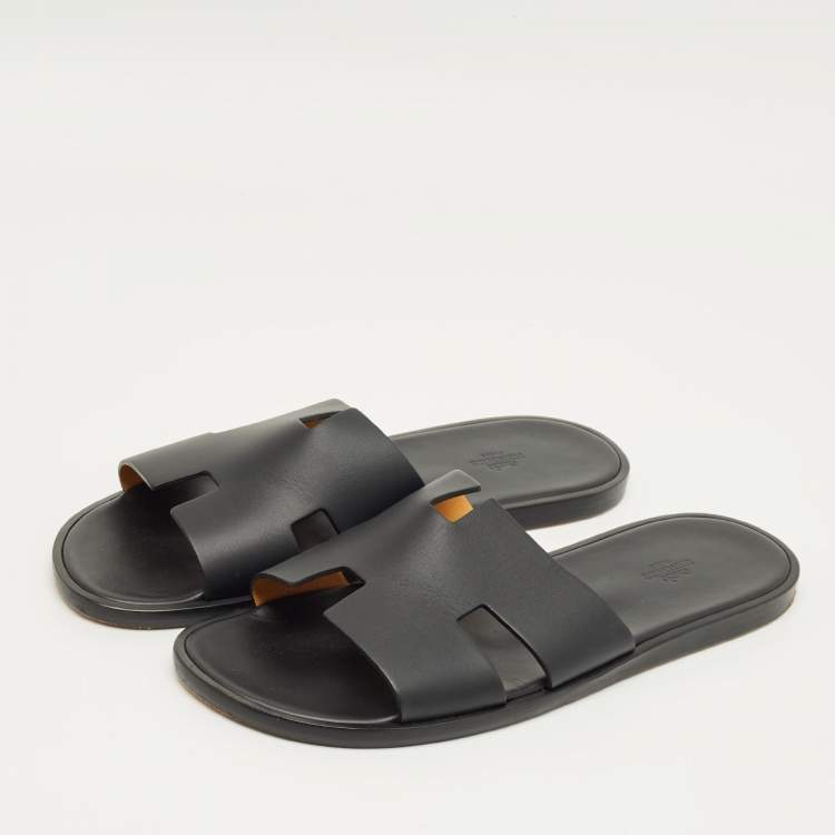 Pre Owned Hermes Black Leather Izmir Flat Slide Sandals Size 46