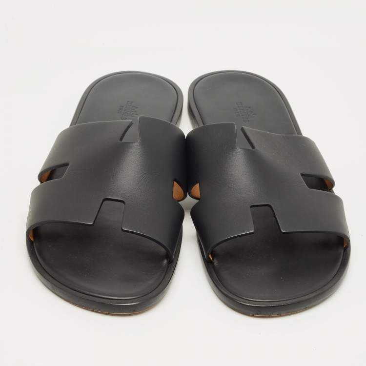 Pre Owned Hermes Black Leather Izmir Flat Slide Sandals Size 46