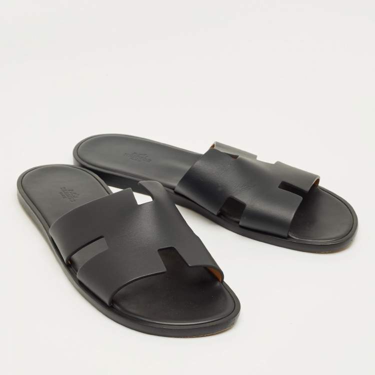 Pre Owned Hermes Black Leather Izmir Flat Slide Sandals Size 46