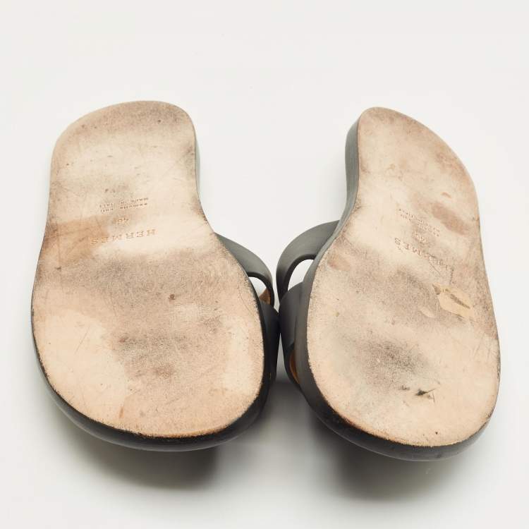 Pre Owned Hermes Black Leather Izmir Flat Slide Sandals Size 46