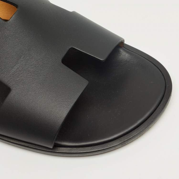 Pre Owned Hermes Black Leather Izmir Flat Slide Sandals Size 46