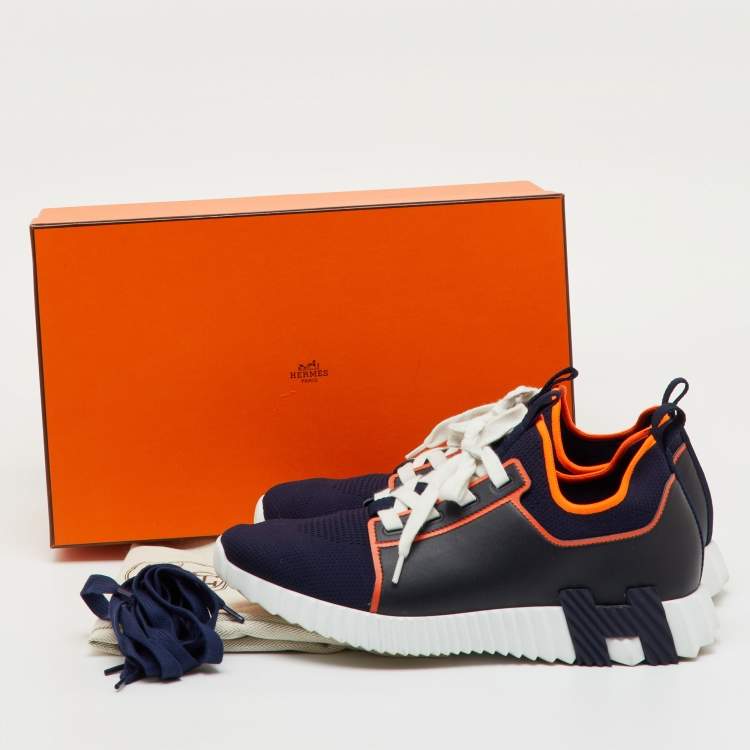 Pre Owned Hermes Navy Blue/Black Knit Fabric and Leather Depart Sneakers Size 42