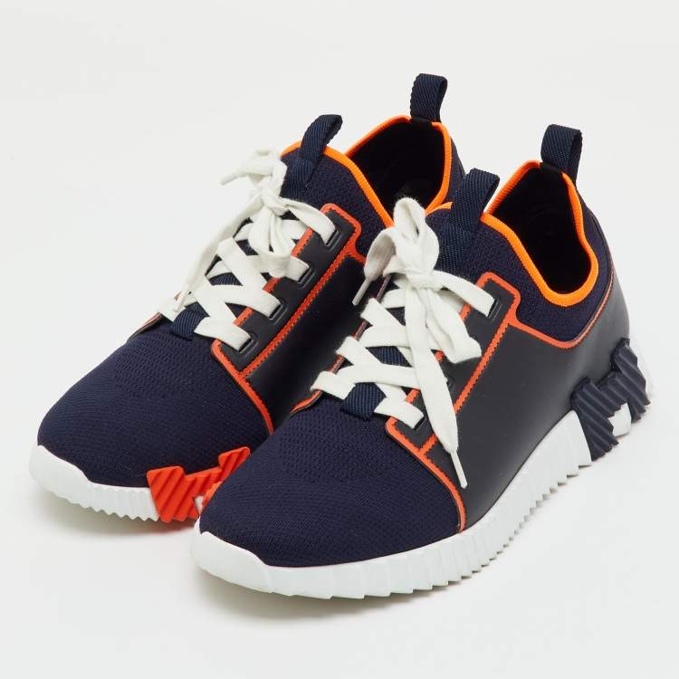 Pre Owned Hermes Navy Blue/Black Knit Fabric and Leather Depart Sneakers Size 42