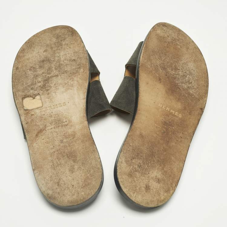 Pre Owned Hermes Green Suede Izmir Slide Sandals Size 43.5