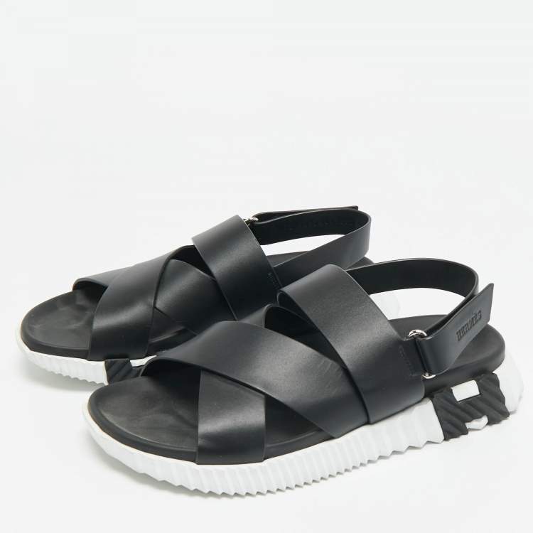 Pre Owned Hermes Black Leather Junior Flat Sandals Size 43.5