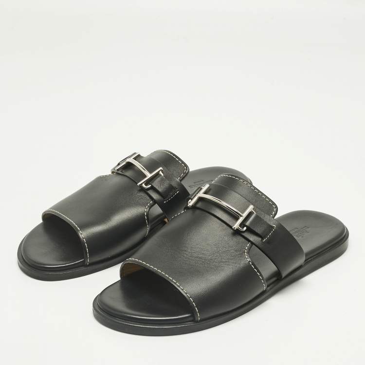 Pre Owned Hermes Black Leather Flat Slide Size 42