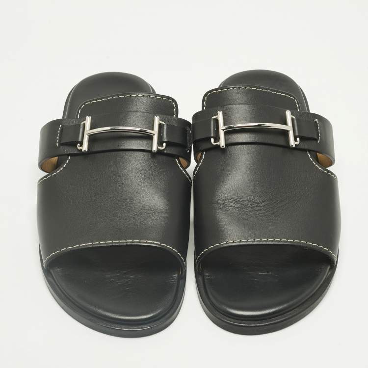 Pre Owned Hermes Black Leather Flat Slide Size 42
