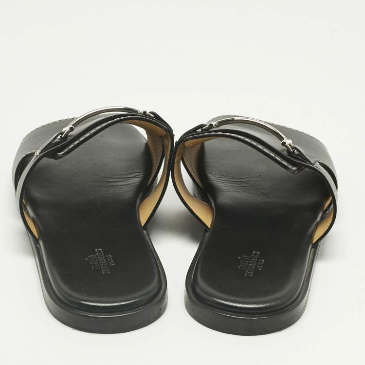 Pre Owned Hermes Black Leather Flat Slide Size 42