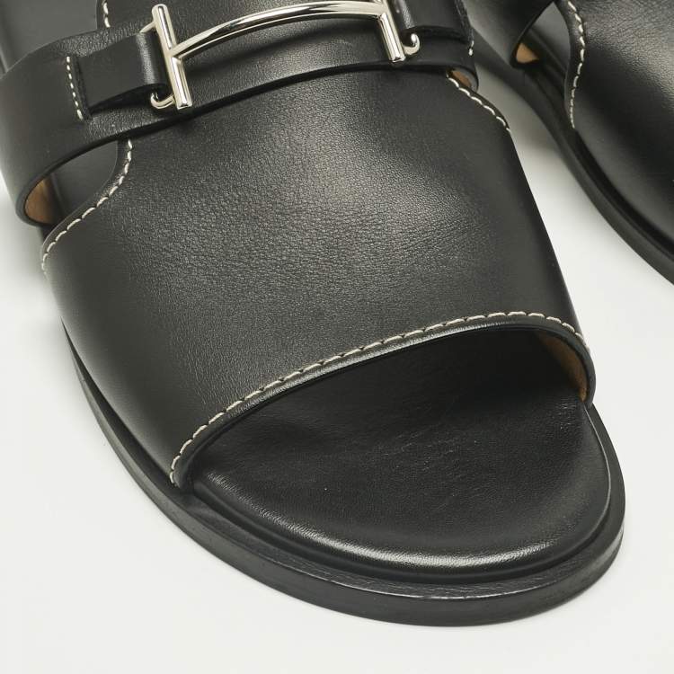 Pre Owned Hermes Black Leather Flat Slide Size 42