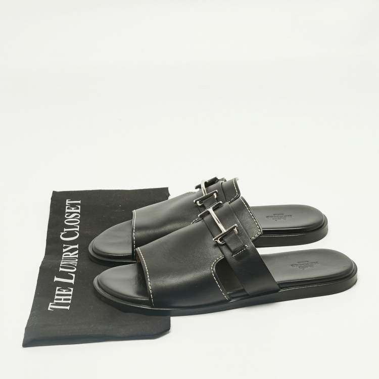 Pre Owned Hermes Black Leather Flat Slide Size 42
