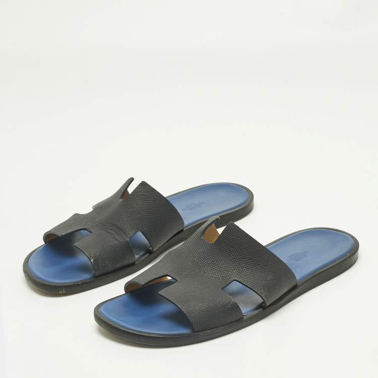 مملوكة مسبقًا Hermes Navy Blue Leather Izmir Flat Slide Size 43.5