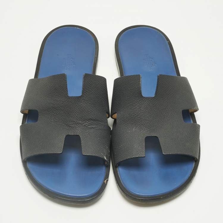 مملوكة مسبقًا Hermes Navy Blue Leather Izmir Flat Slide Size 43.5