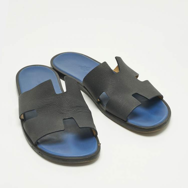 مملوكة مسبقًا Hermes Navy Blue Leather Izmir Flat Slide Size 43.5