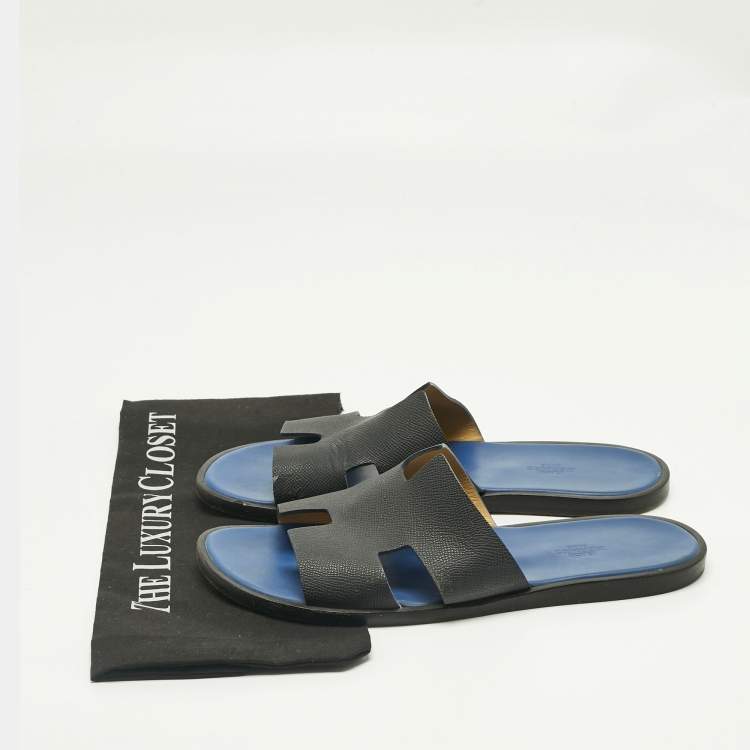 مملوكة مسبقًا Hermes Navy Blue Leather Izmir Flat Slide Size 43.5