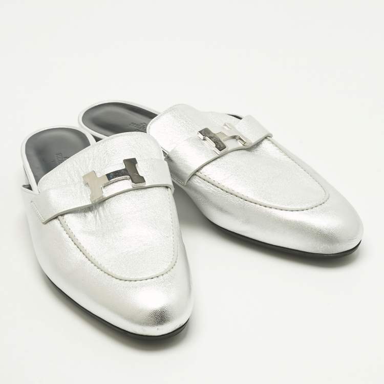 Pre Owned Hermès Silver Leather Trocadero Mules Size 41
