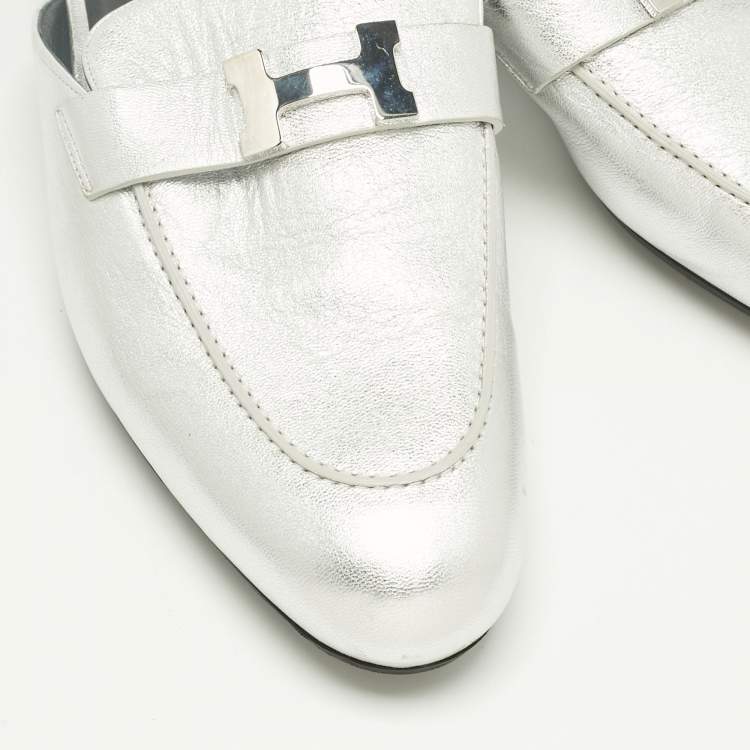 Pre Owned Hermès Silver Leather Trocadero Mules Size 41