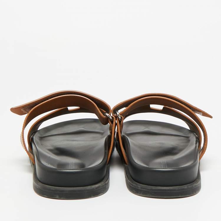 Pre Owned Hermes Brown Leather Chypre Flat Sandals Slide 42