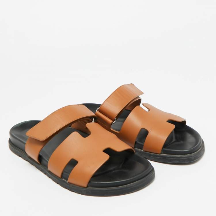 Pre Owned Hermes Brown Leather Chypre Flat Sandals Slide 42