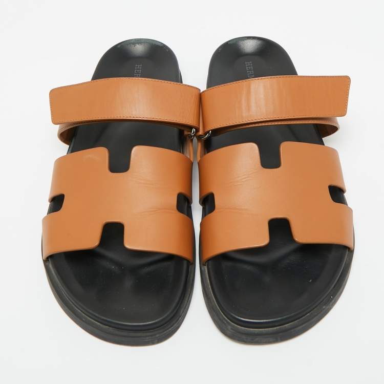 Pre Owned Hermes Brown Leather Chypre Flat Sandals Slide 42