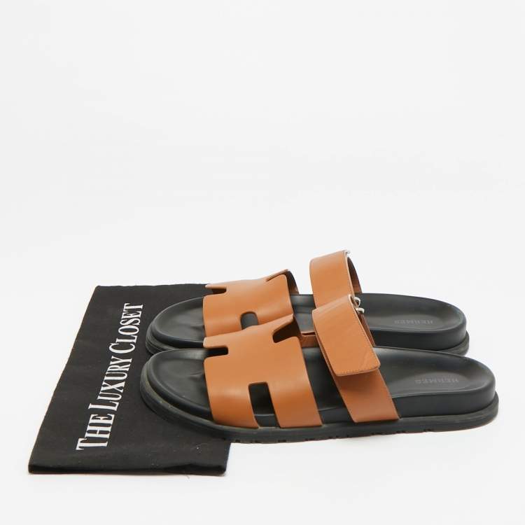 Pre Owned Hermes Brown Leather Chypre Flat Sandals Slide 42