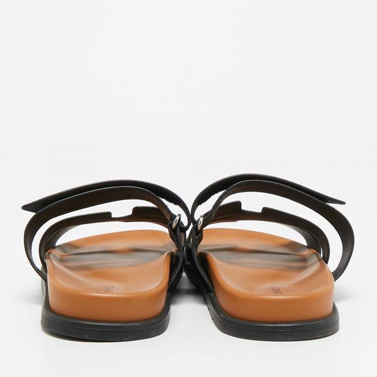 Pre Owned Hermes Black Leather Chypre Flat Slide Size 45