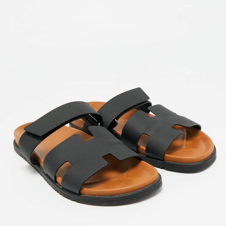 Pre Owned Hermes Black Leather Chypre Flat Slide Size 45