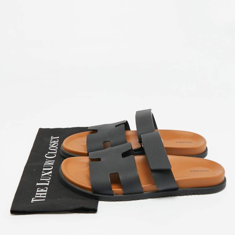 Pre Owned Hermes Black Leather Chypre Flat Slide Size 45