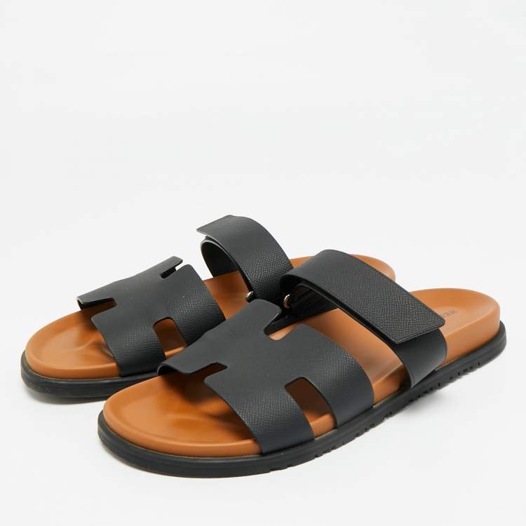 Pre Owned Hermes Black Leather Chypre Flat Slide Size 45