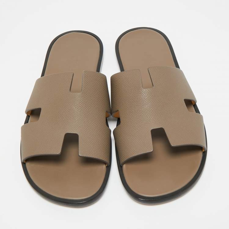 Pre Owned Hermes Brown Leather Izmir Flat Slides Size 44