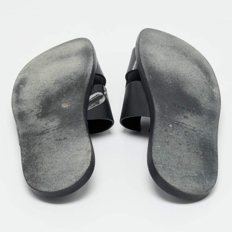 Pre Owned Hermes Black Printed Leather Izmir Flat Slides Size 43