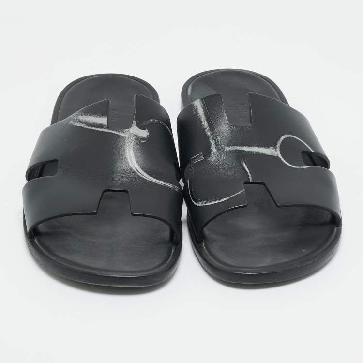 Pre Owned Hermes Black Printed Leather Izmir Flat Slides Size 43