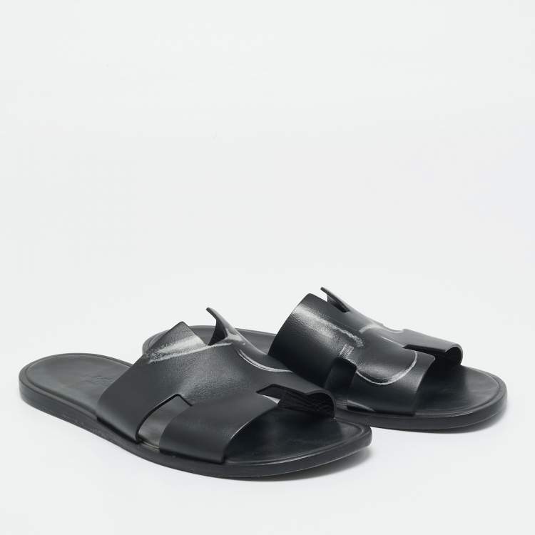 Pre Owned Hermes Black Printed Leather Izmir Flat Slides Size 43