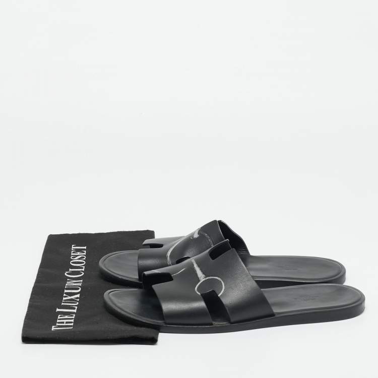 Pre Owned Hermes Black Printed Leather Izmir Flat Slides Size 43