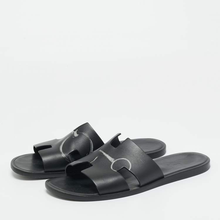 Pre Owned Hermes Black Printed Leather Izmir Flat Slides Size 43