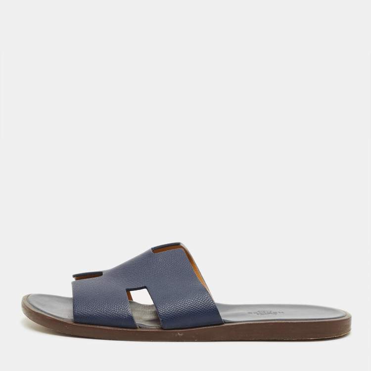 Pre Owned Hermes Navy Blue Leather Izmir Flat Sandals Size 40