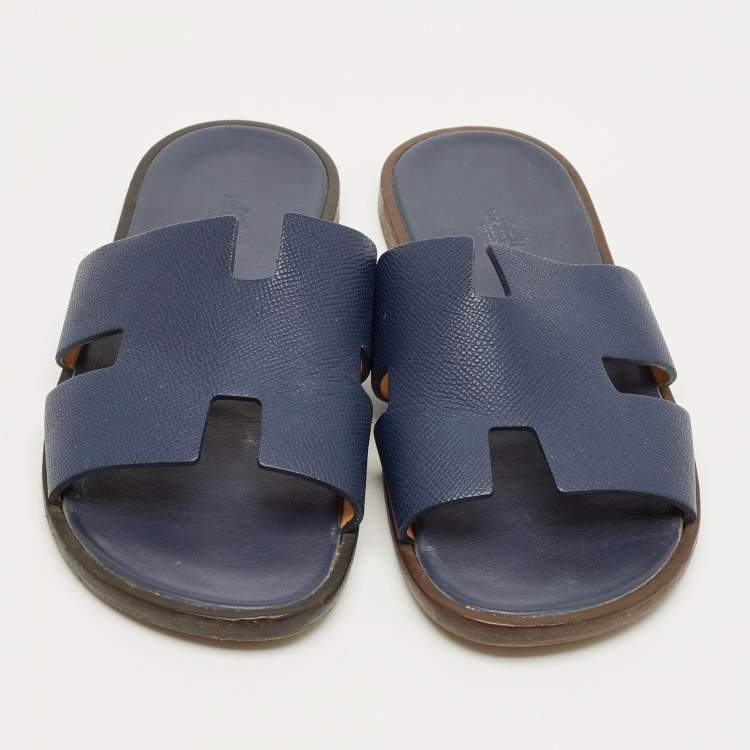 Pre Owned Hermes Navy Blue Leather Izmir Flat Sandals Size 40