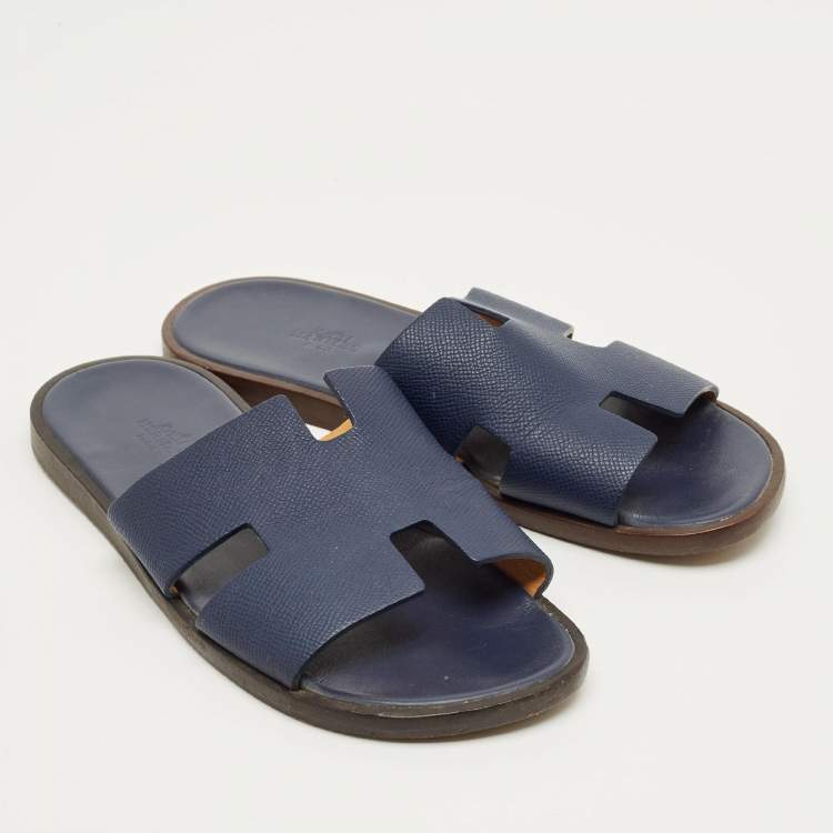 Pre Owned Hermes Navy Blue Leather Izmir Flat Sandals Size 40