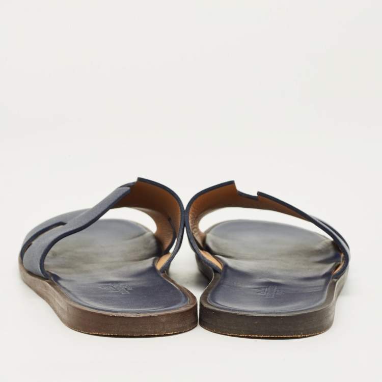 Pre Owned Hermes Navy Blue Leather Izmir Flat Sandals Size 40