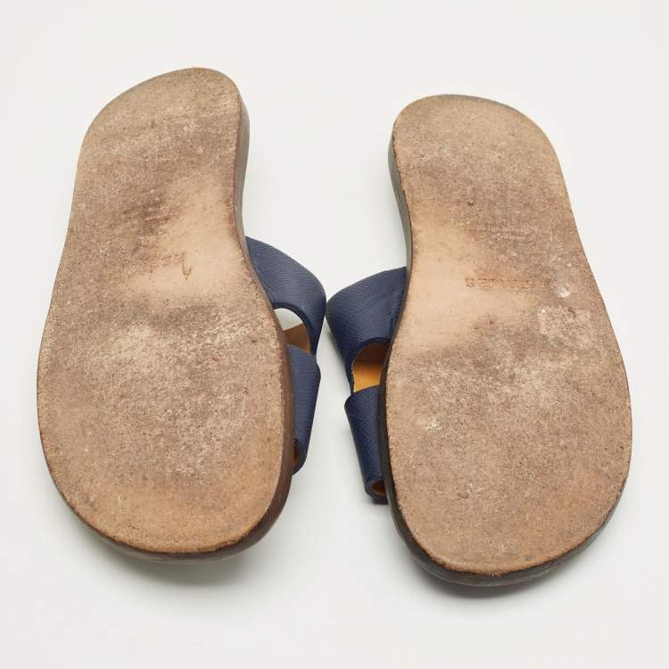 Pre Owned Hermes Navy Blue Leather Izmir Flat Sandals Size 40