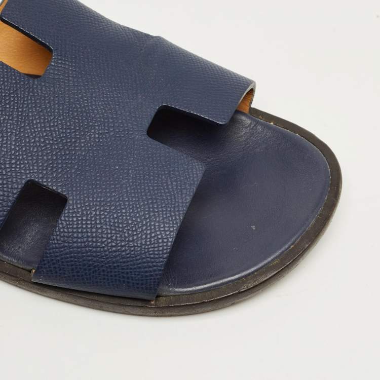 Pre Owned Hermes Navy Blue Leather Izmir Flat Sandals Size 40