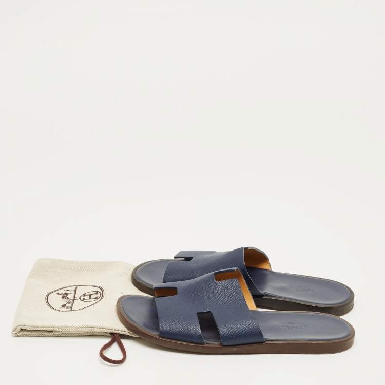 Pre Owned Hermes Navy Blue Leather Izmir Flat Sandals Size 40