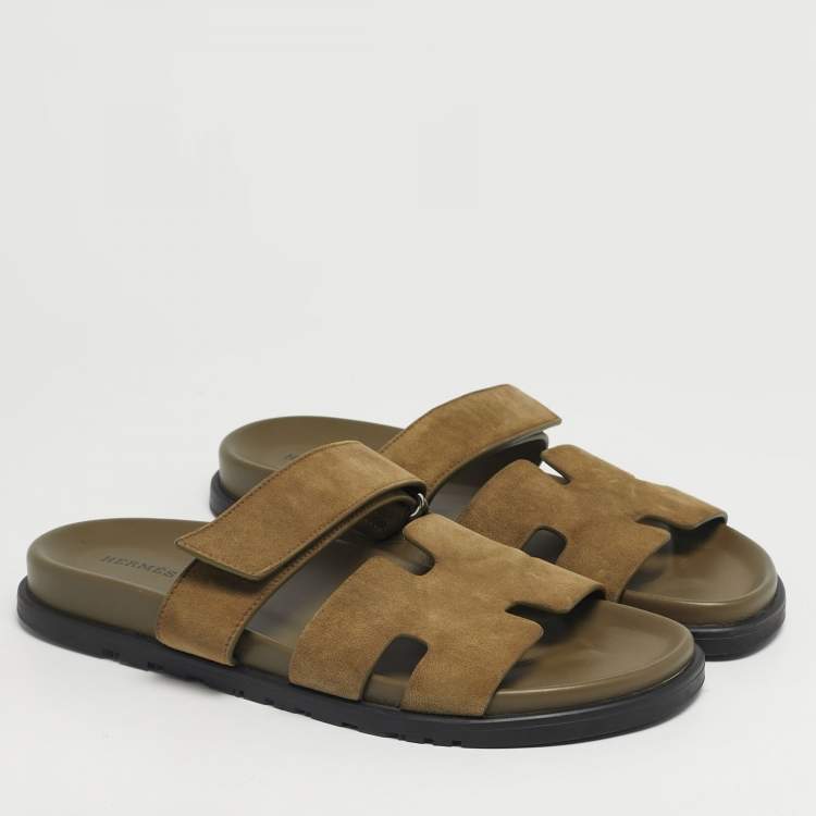Pre Owned Hermes Chypre Size 42.5 Green Suede Flat Sandals