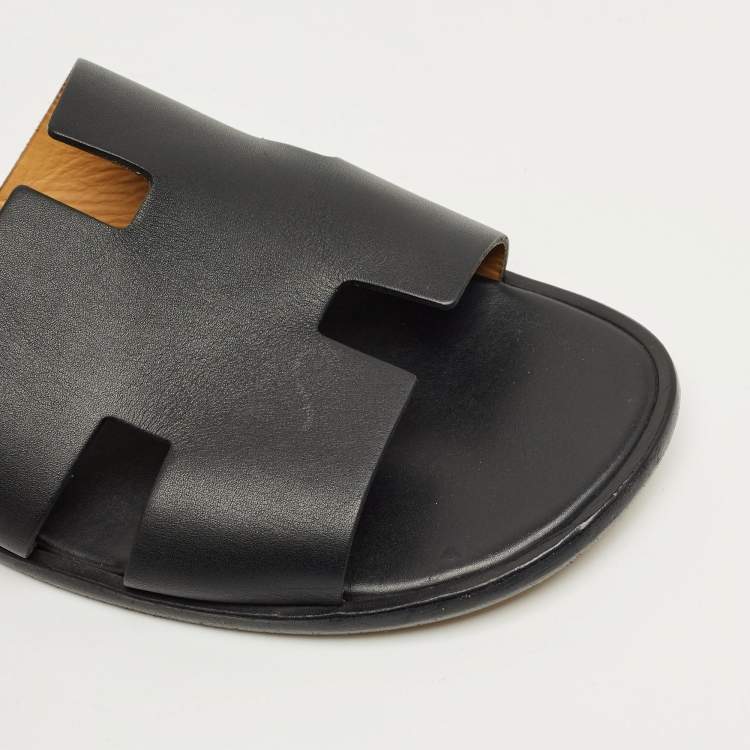 مملوكة مسبقًا Hermès Izmir  Black Leather Flat Sandals Size 44