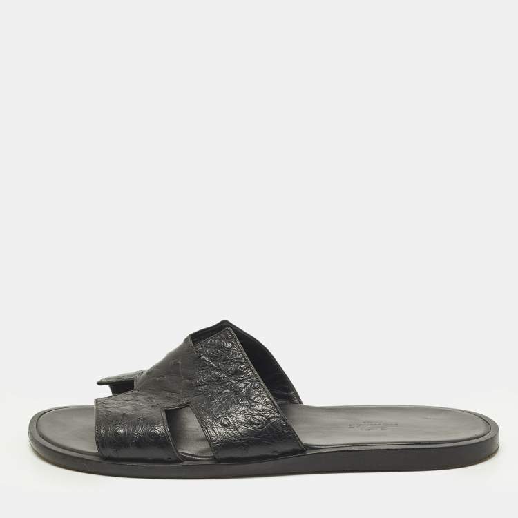 مملوكة مسبقًا Hermes Izmir Size 42.5 Black Ostrich Leather Slide Sandals